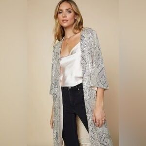 Skies Are Blue Sequin Kimono Open Cardigan XS/S Gold